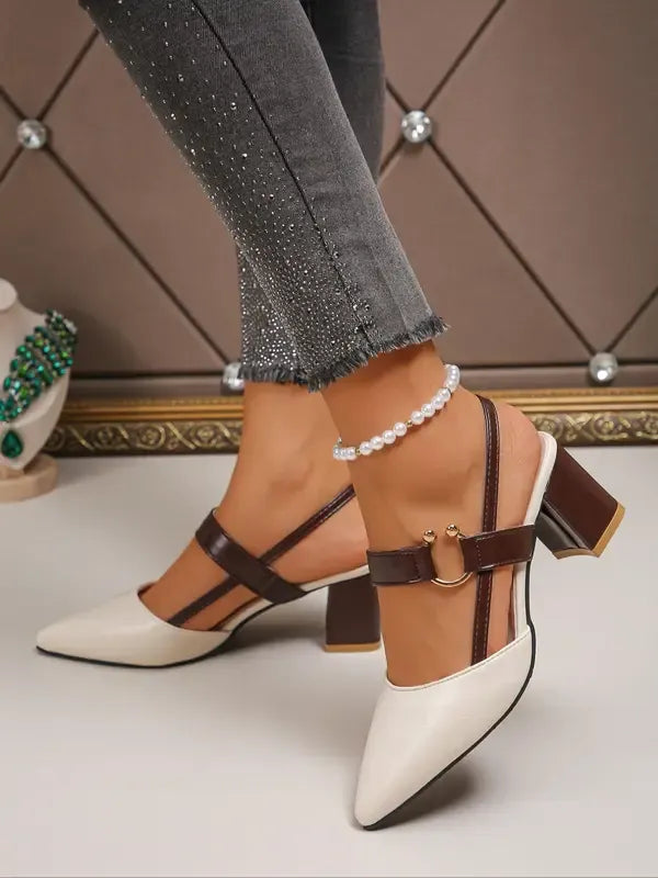 Pair of women's comfortable red block heel pumps with ankle strap and pointed toe, glossy finish