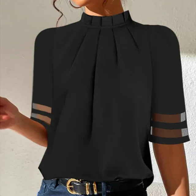 Chic black women's pleated blouse, a versatile casual top perfect for spring style, summer fashion, or office wear.
