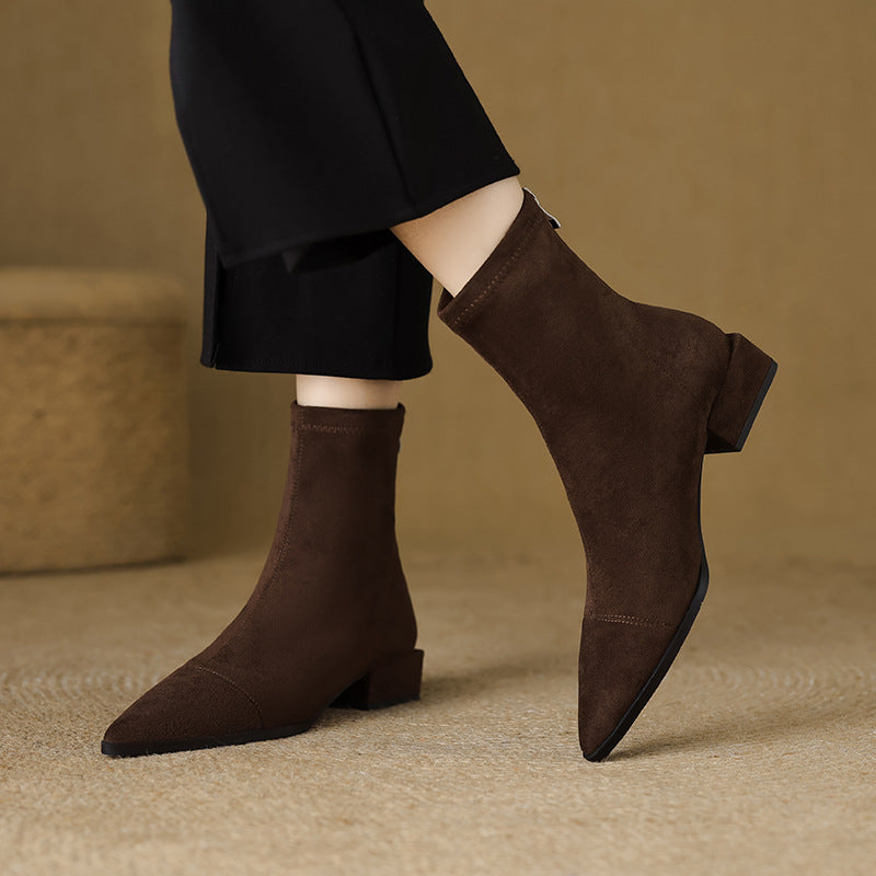 Women's black pointed toe block heel sock ankle boots, perfect for fall and winter fashion