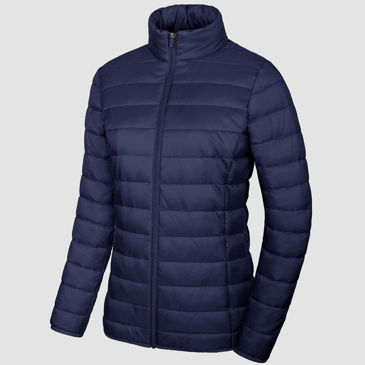 Women's lightweight quilted puffer jacket draped over a chair, ready for casual everyday wear.