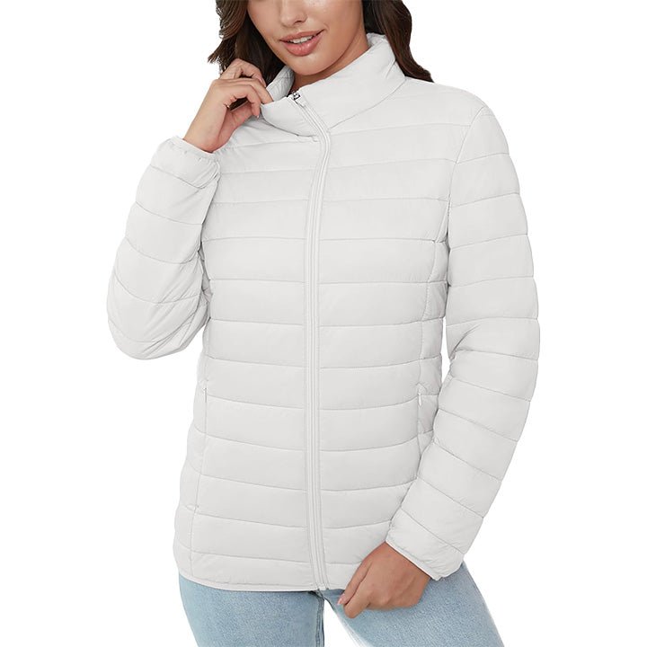 Women's lightweight quilted puffer jacket styled with a scarf, ideal for cooler fall/spring weather.