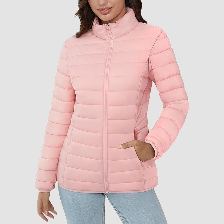Women's lightweight quilted puffer jacket in a neutral color palette, versatile for any wardrobe.