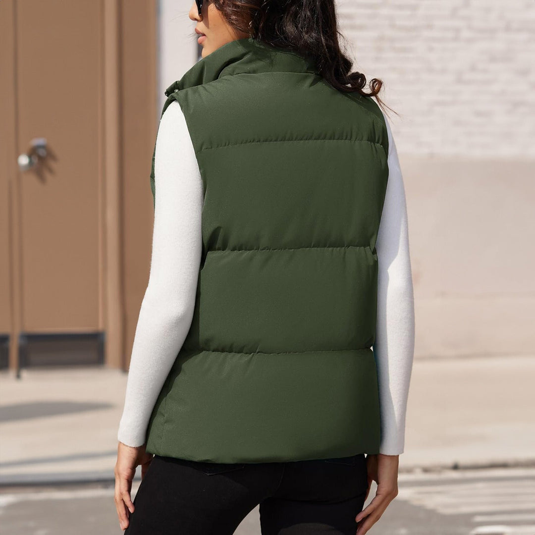 Women's puffer vest in a warm brown, quilted, sleeveless, great for earthy fall fashion looks