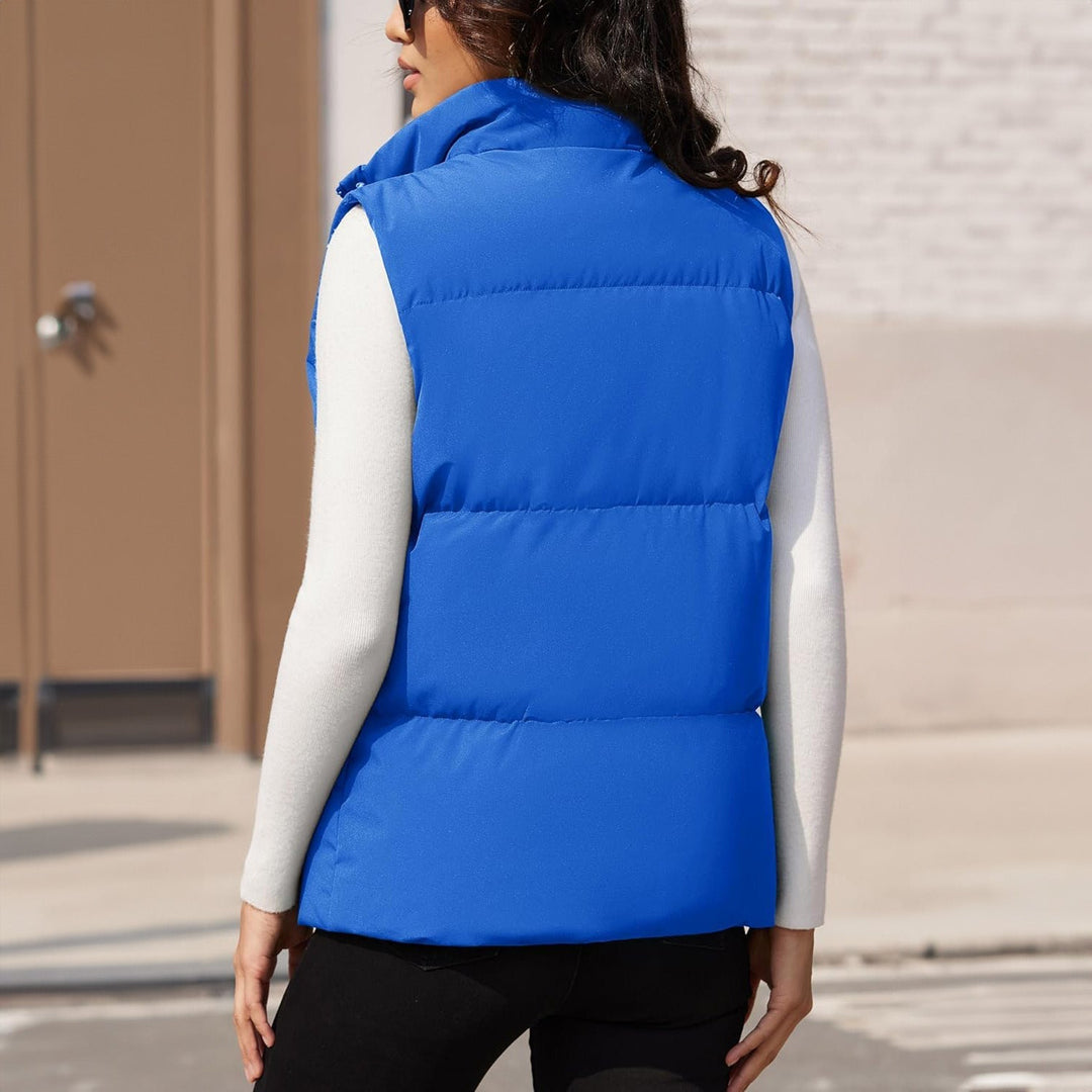Women's black quilted puffer vest, displayed on a mannequin, ideal for showcasing winter apparel