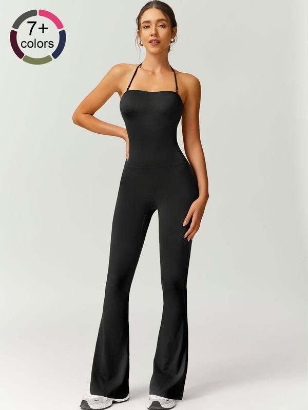Women's black sculpting flare jumpsuit with adjustable straps, sleeveless knit design, front view