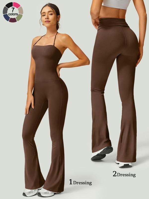 Close-up of the knit texture on a women's sculpting flare jumpsuit, black color, adjustable straps