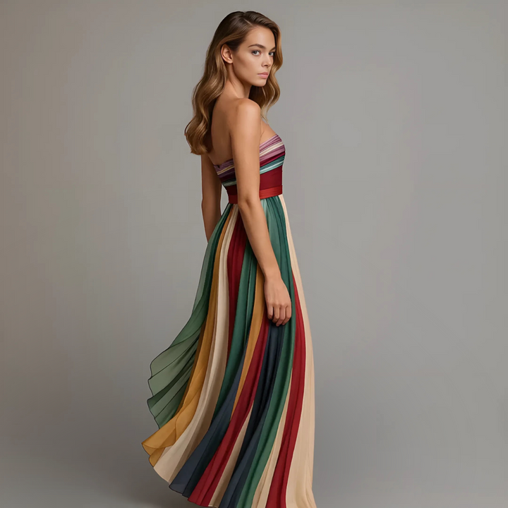 Vibrant pleated multicolor strapless maxi dress for women, a stylish bohemian summer and party dress.