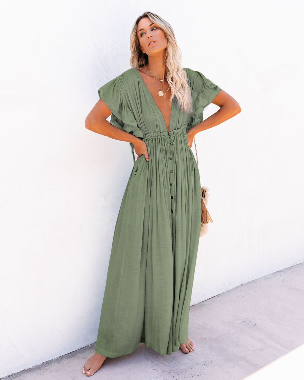 Relaxed fit women's resort wear cover up, boho style with a flattering wrap V-neck and airy flowy fabric.