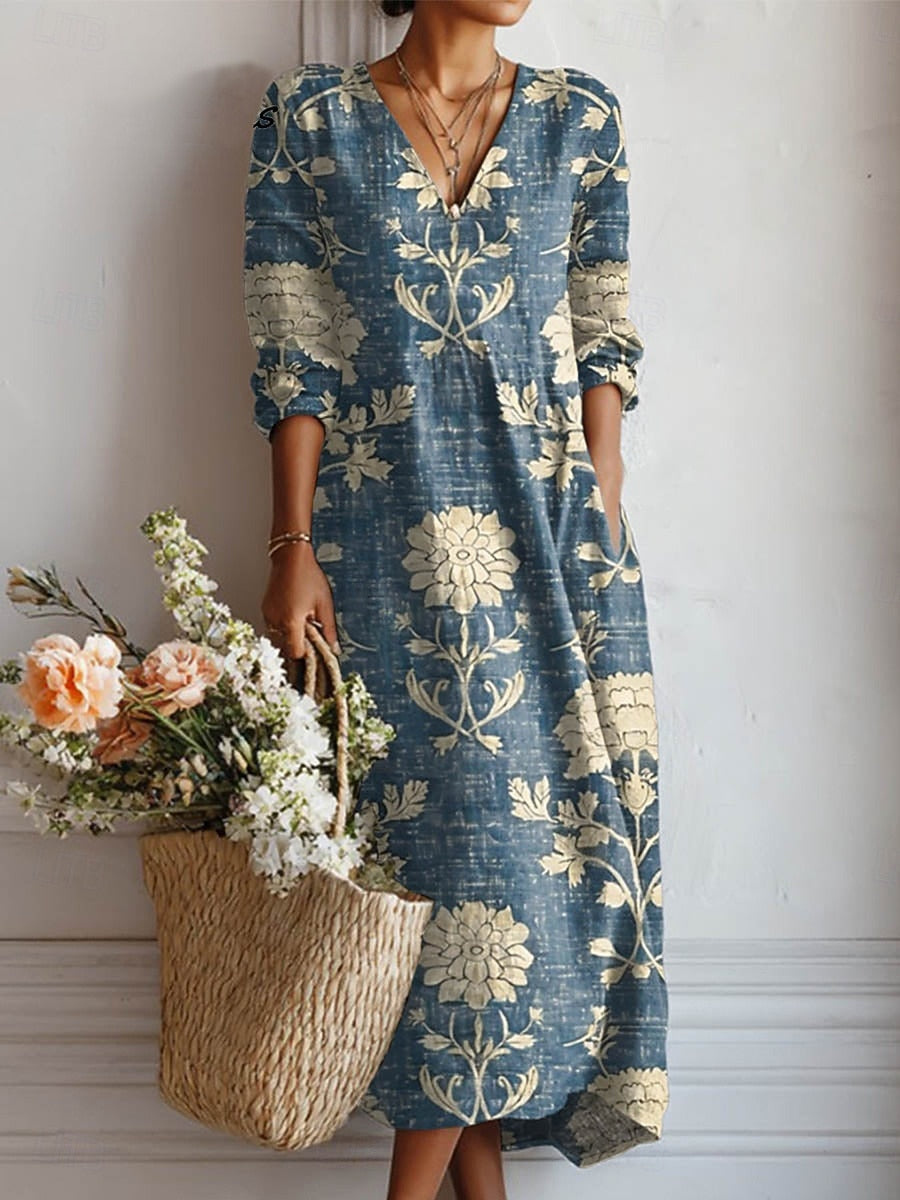 Women's boho floral V-neck midi dress with pockets, ideal for summer, beach, or casual vacation outfits.