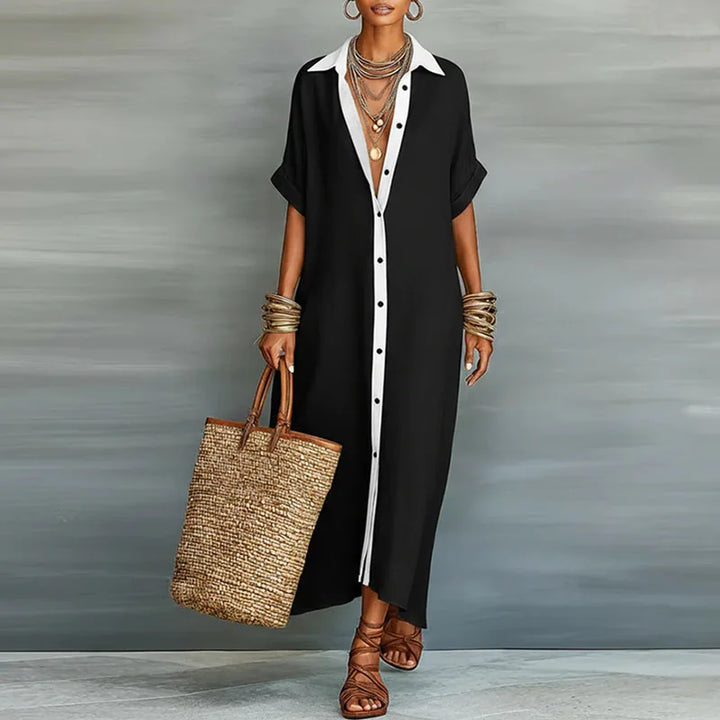 Women's button front shirt dress, a comfortable boho maxi style with short sleeves & chic contrast print.