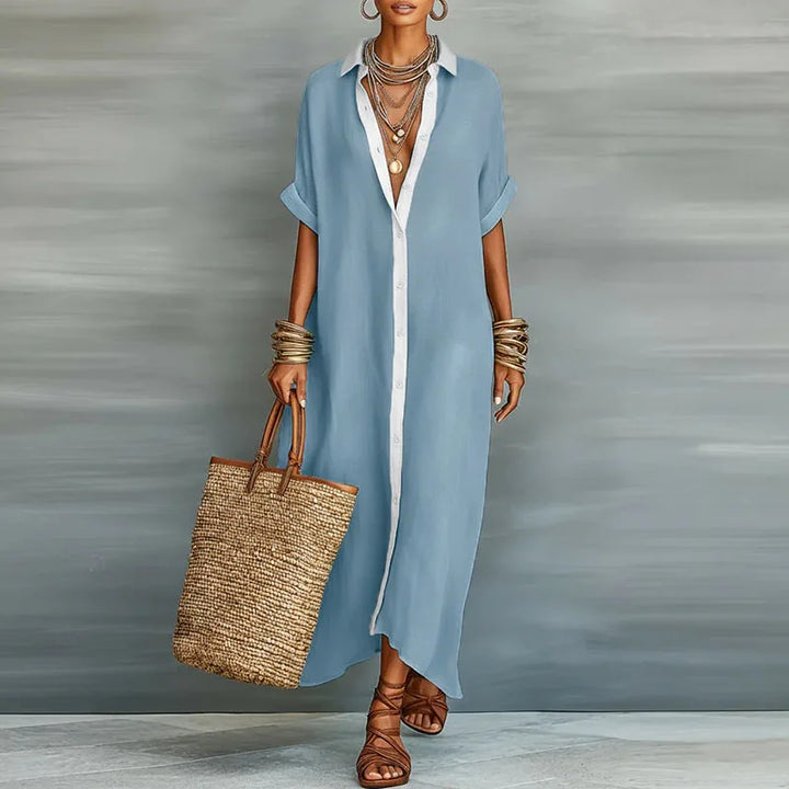 Women's stylish Boho Maxi Shirt Dress. Relaxed fit, short sleeve, button front with contrast print.