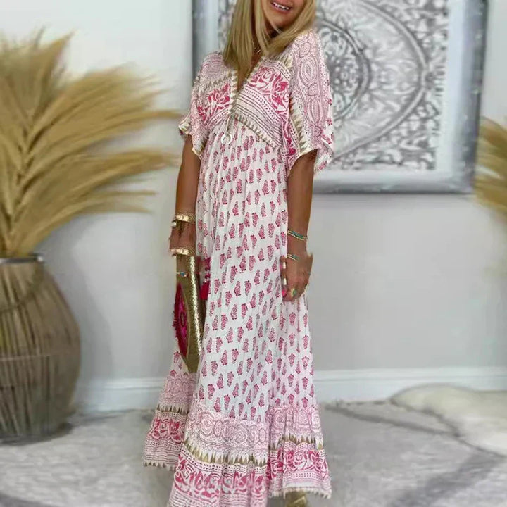 Women's boho print maxi dress, relaxed v-neck short sleeve, perfect for casual summer style.
