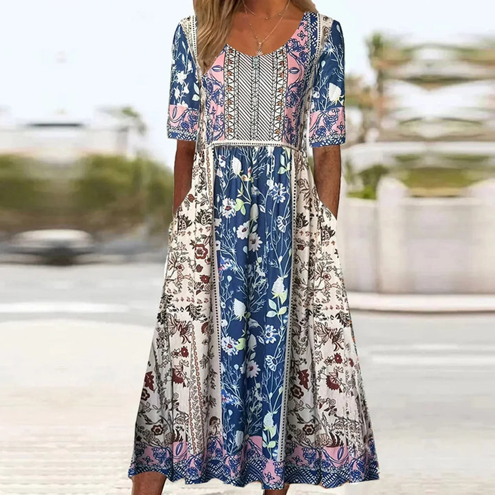 Plus size boho print midi dress for women, with a chic gathered waist and convenient side pockets.