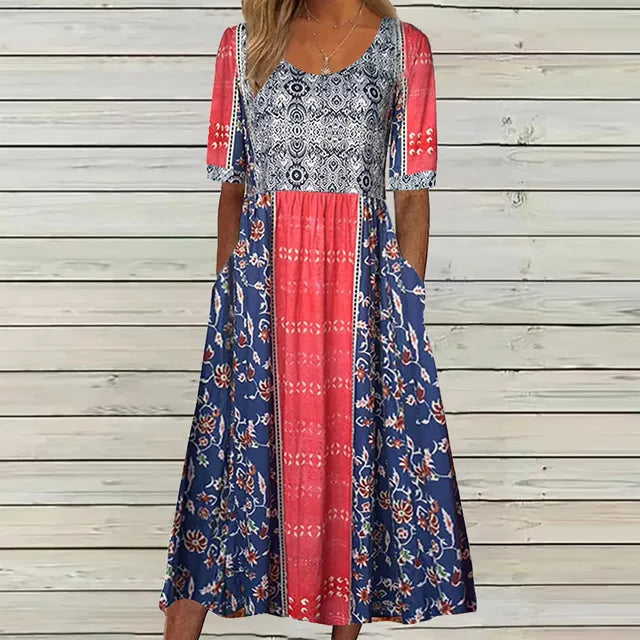 Stylish women's summer midi dress, a boho print design with a flattering gathered waist & essential pockets.