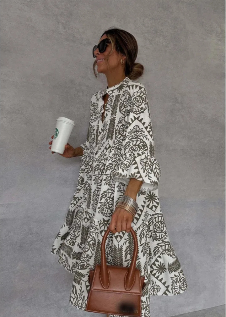 Graceful women's ethnic-inspired print midi dress with an oversized, relaxed fit, long sleeves, great for summer fashion.