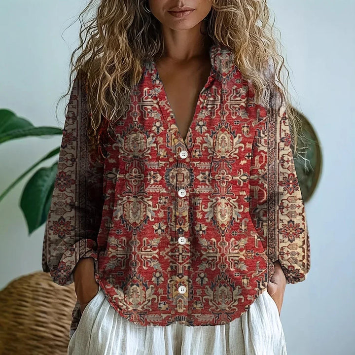 Elegant women's boho long sleeve V-neck blouse, adorned with a beautiful vintage floral print.