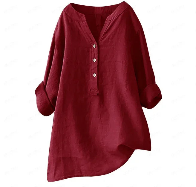 Stylish women's breezy button-up summer shirt, V-neck, relaxed fit, perfect for casual vacation elegance.