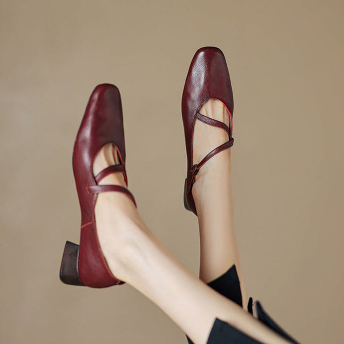 Professional work heels for women: burgundy leather pumps with a refined tapered heel
