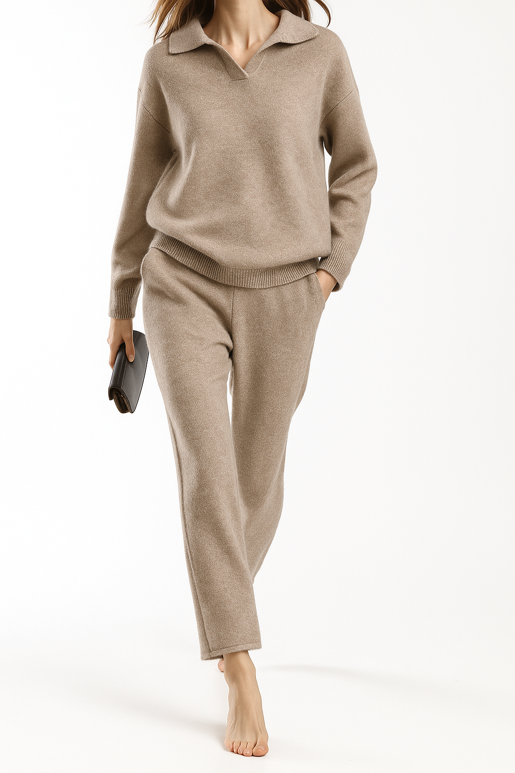 Women's cashmere blend knit polo top, long sleeve, cozy wear lounge set with harem pants