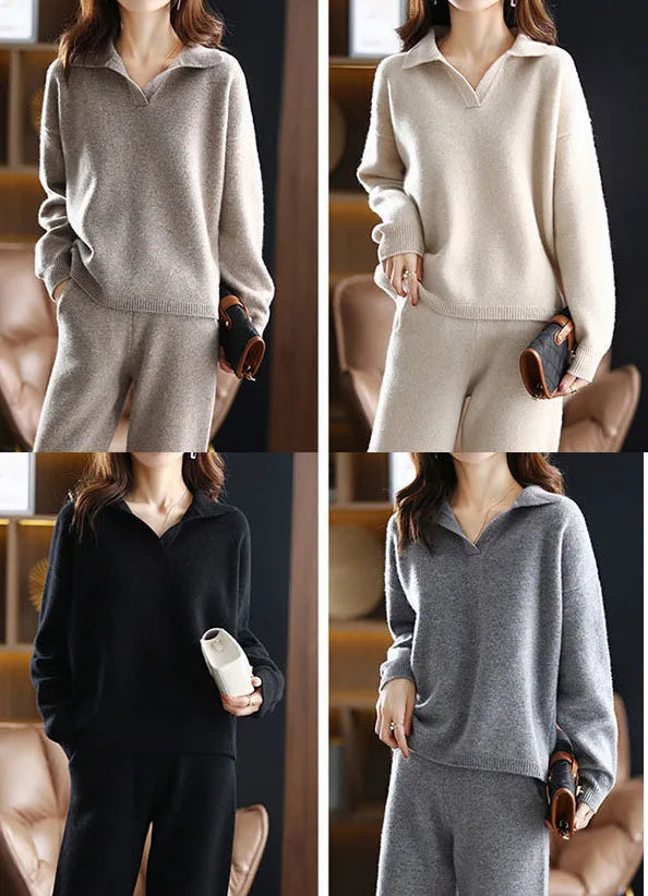 Women's knitwear lounge set pair: polo top and harem pants, perfect for relaxing in style