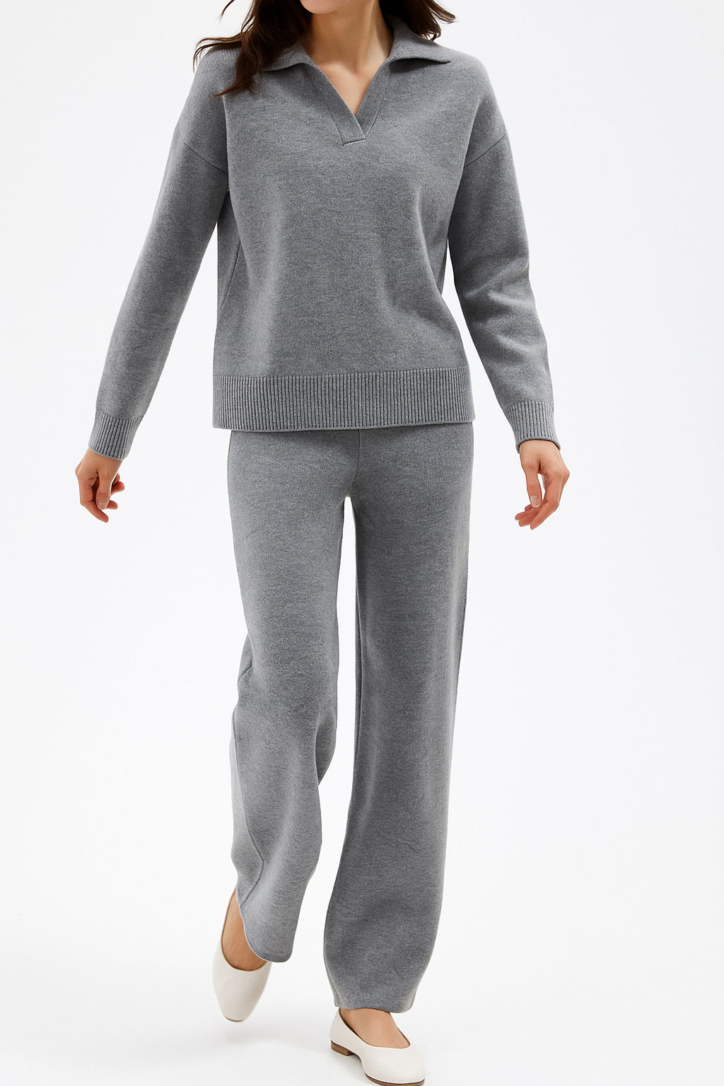 Side view of women's knit lounge set: polo top and harem pants in a casual chic style