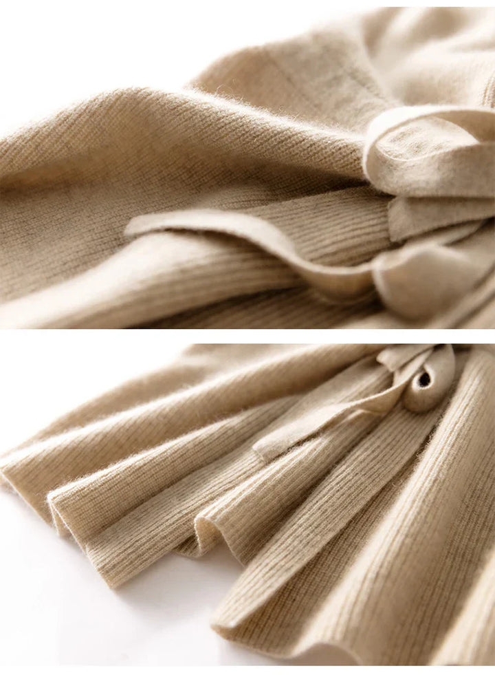 A close-up on the quality knit and cashmere blend fabric of the belted vest