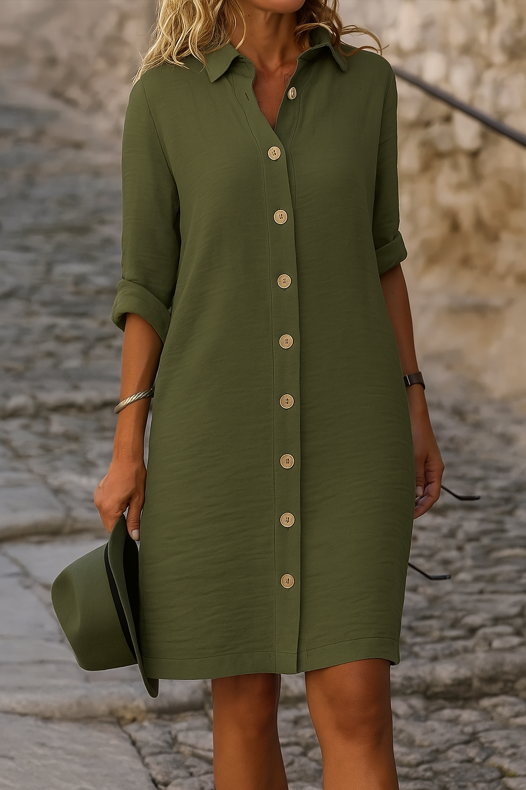 Comfortable women's casual summer dress, collared, button front, with roll tab sleeves.