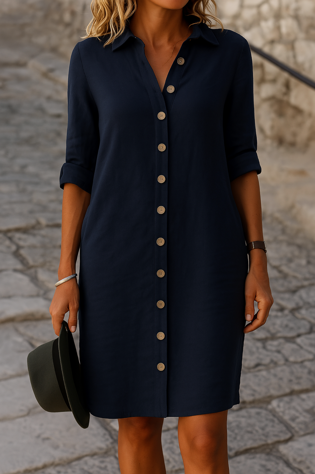 Women's summer day dress, knee-length, casual collared style, with roll tab sleeves.