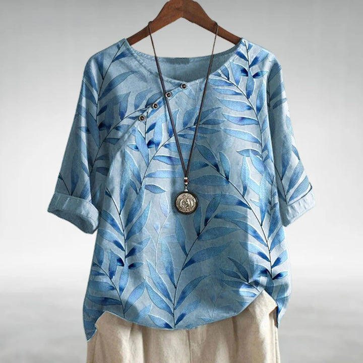 Women's casual leaf print button-up blouse, short sleeve, perfect for summer fashion & resort wear
