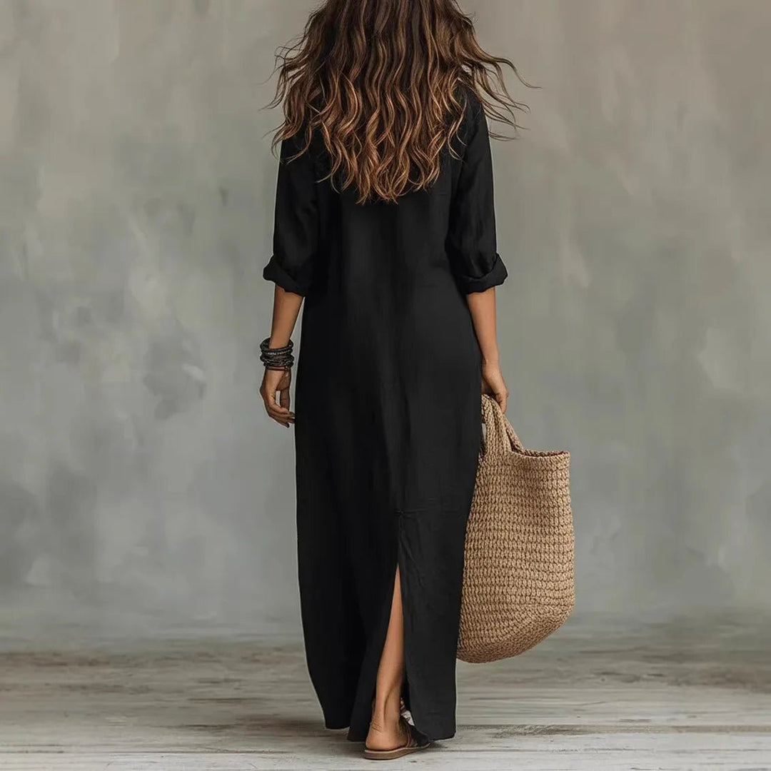 Stylish women's shirt maxi dress, relaxed fit, featuring a collar neck, three-quarter sleeves & side split.