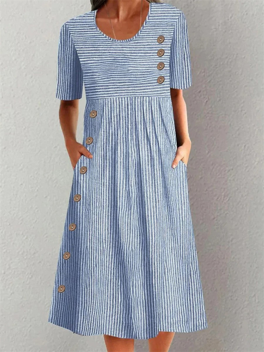 Women's casual striped A-line midi dress for summer, featuring a comfortable fit and practical pockets.
