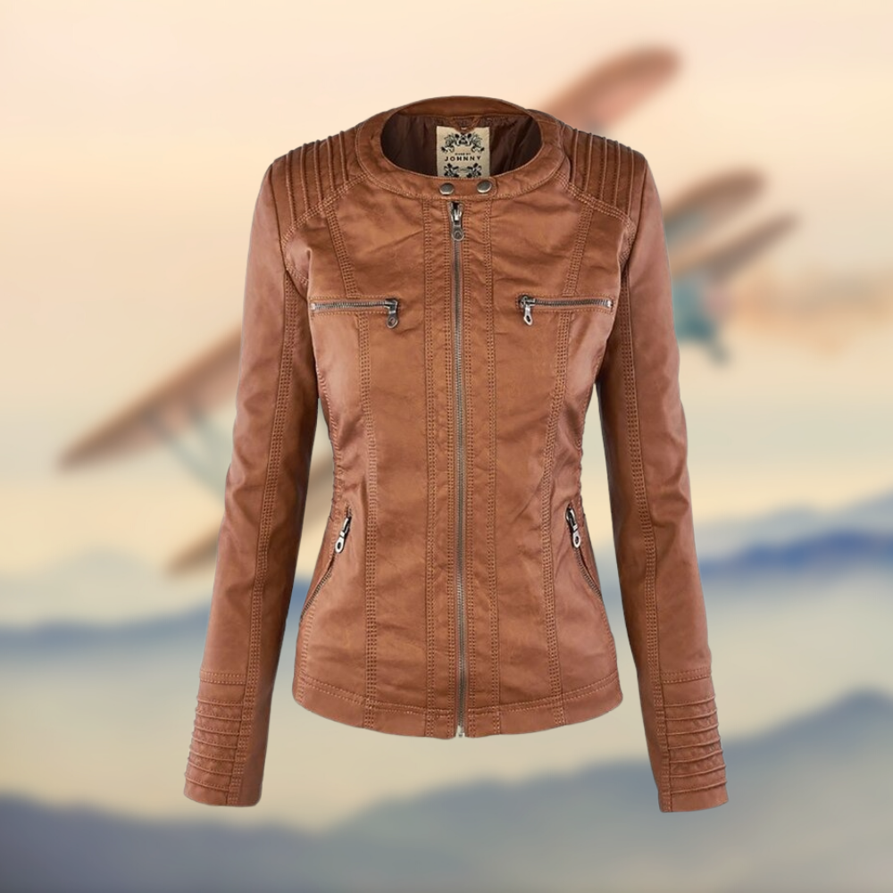 Women's chic faux leather biker jacket, black, with silver zipper detail and classic collar for fall fashion.