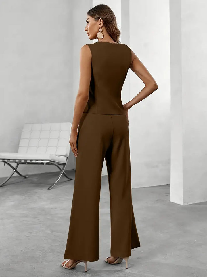 Women's modern two-piece vest and pant co-ord set, featuring a tailored fit for spring attire