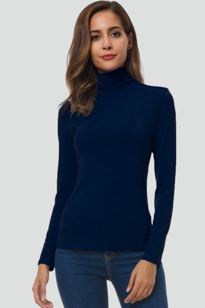 Versatile plain knit women's turtleneck sweater, elegant and chic for fall winter fashion.