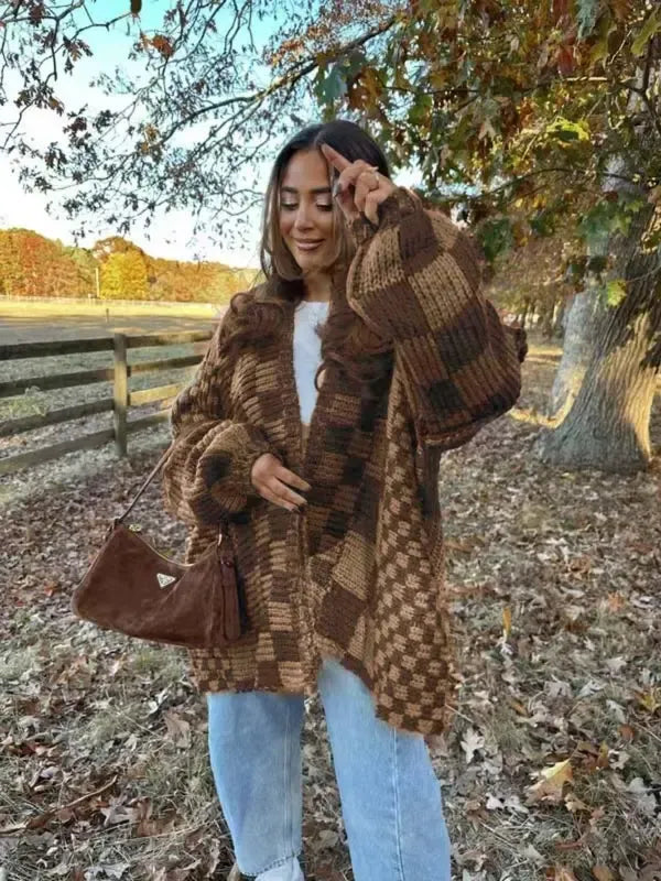 Women's chunky knit check draped cardigan, oversized for fall, casual acrylic blend