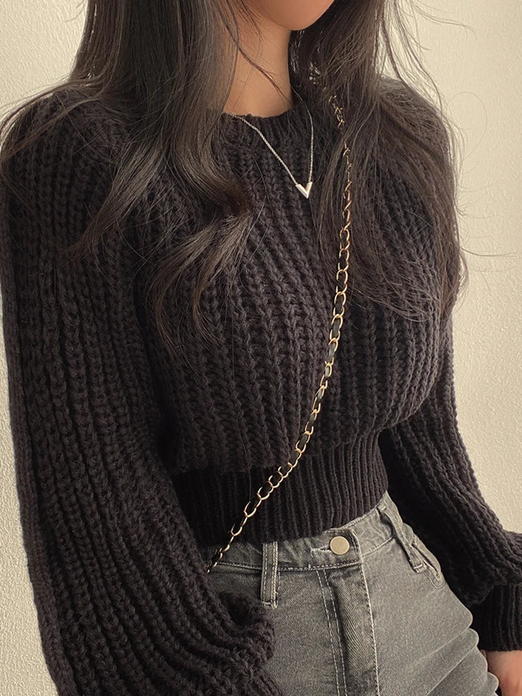 Women's chunky knit sweater with stylish lantern sleeves, perfect for cozy winter fashion, front view