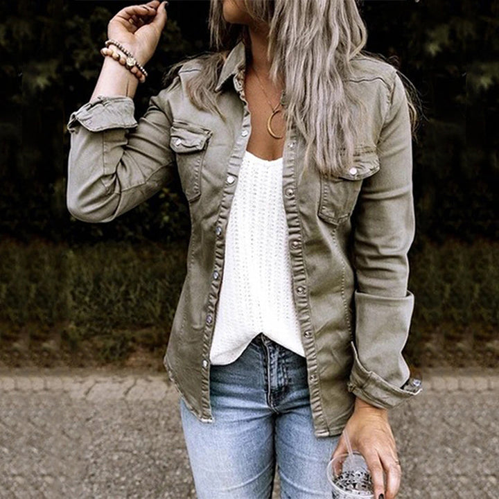 Ladies' classic denim jacket, stylish spring outerwear. A versatile long sleeve button-up for casual and everyday fashion.