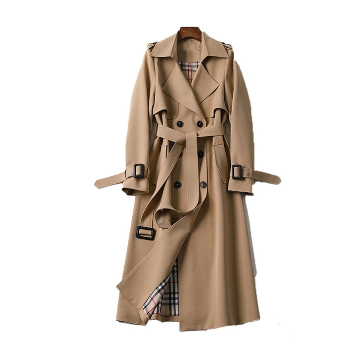 Women's classic double-breasted trench coat with belt for timeless style and versatile outerwear.