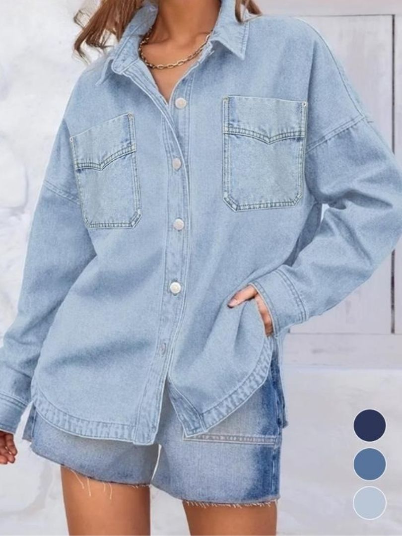 Darkwash oversized women's denim jacket, a classic style outerwear piece for casual wear.
