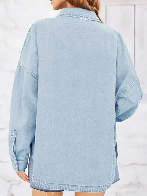 Lightwash denim jacket, a timeless staple in women's fashion, featuring an oversized design.