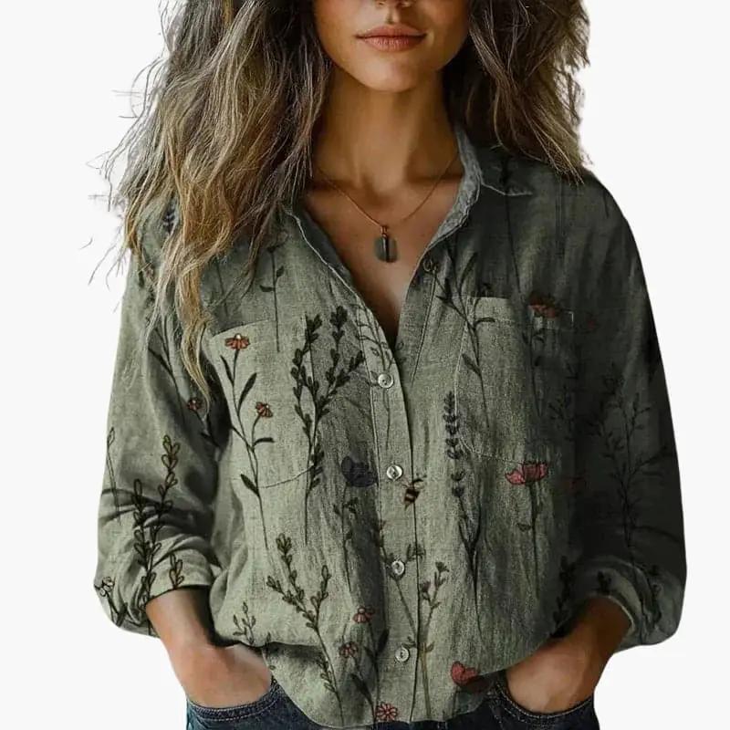 Classic women's button-down shirt with long sleeves, perfect everyday chic and versatile layering.
