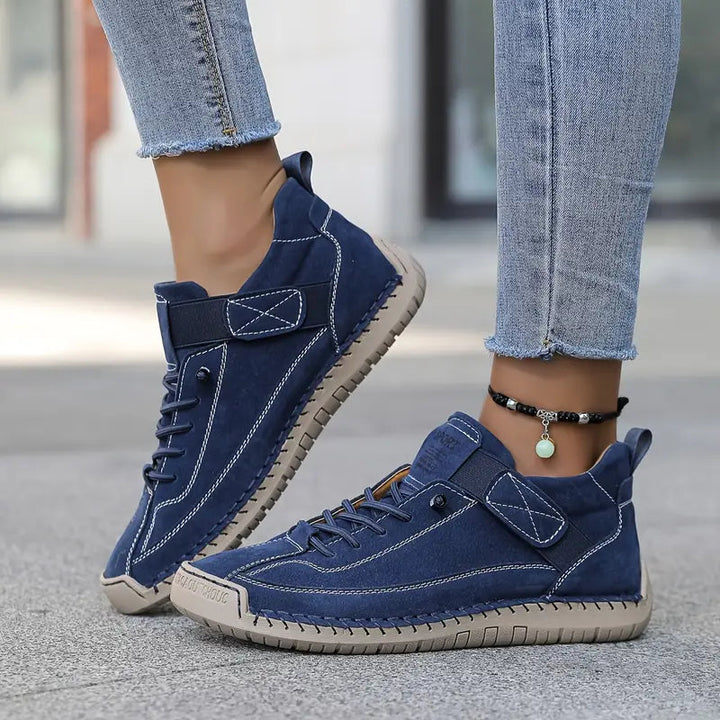 Wide fit orthopedic sneakers for women, offering adjustable comfort during walking.