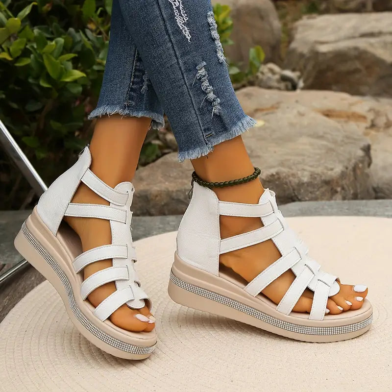 Supportive women's comfort sandals, elegantly embellished with rhinestones, perfect for summer casual.