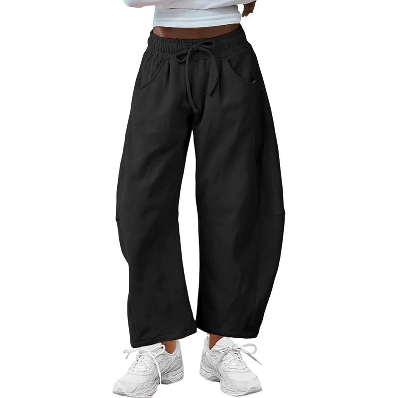 Women's comfortable barrel-leg pants in cotton blend, relaxed fit with drawstring waist, ideal for casual wear