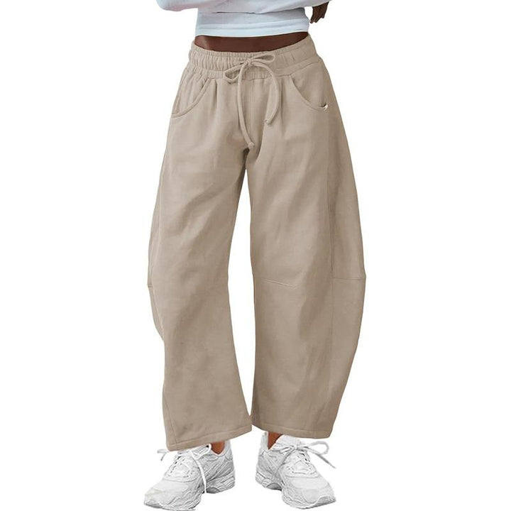 Casual women's barrel-leg pants, soft cotton blend fabric, comfortable relaxed fit, perfect for everyday style
