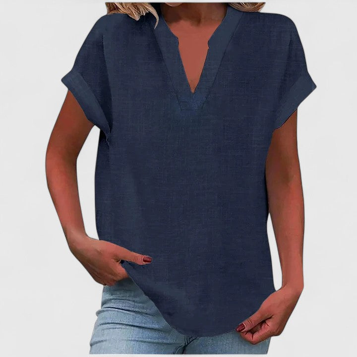 Women's comfortable V-neck short-sleeve blouse, versatile everyday fashion, relaxed fit.