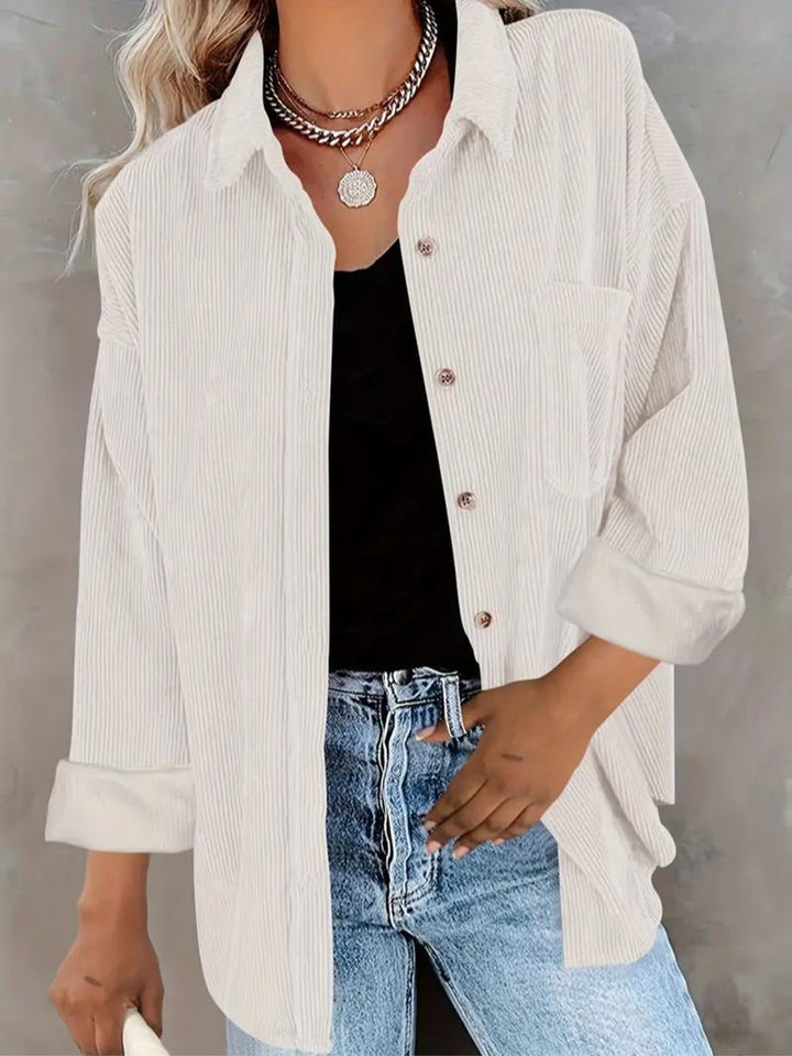 Women's long sleeve corduroy button-down top, relaxed fit with chest pocket, versatile casual wear