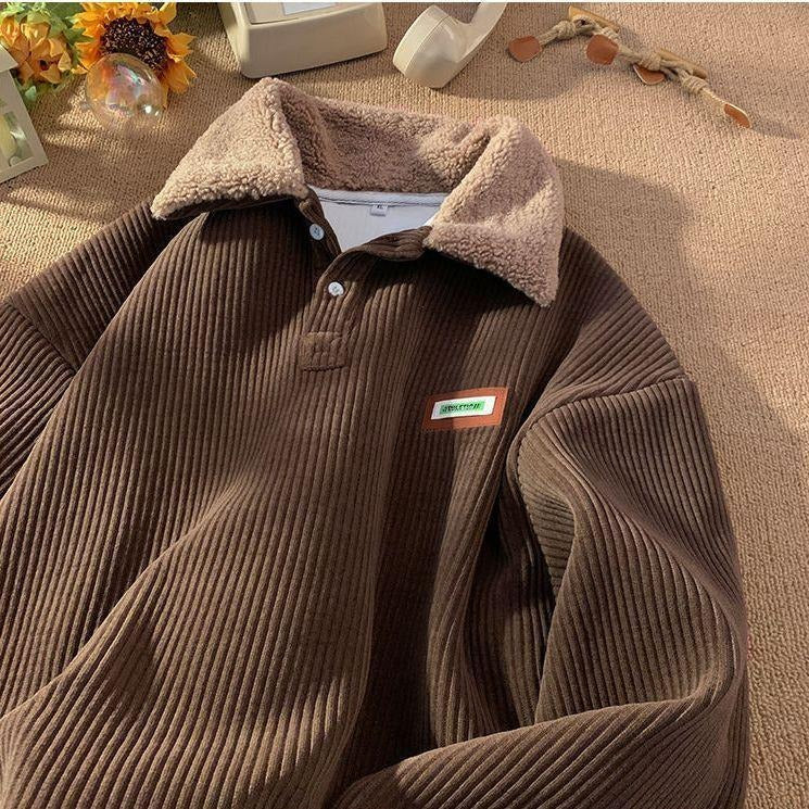 Women's corduroy polo sweater with a cozy fleece collar, perfect for casual winter fashion.