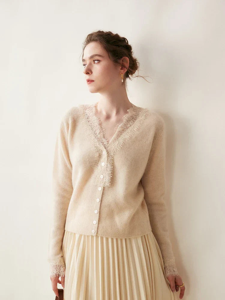 Women's elegant high-end knitwear: Cortona Lace Cashmere Cardigan with fine details.