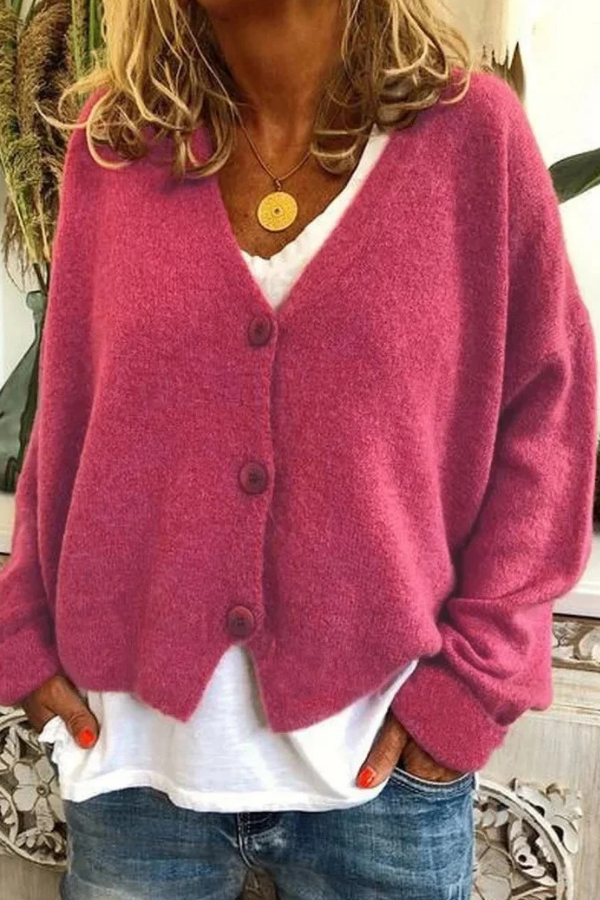 Women's long sleeve button-front cardigan, a cozy knit top for layering.